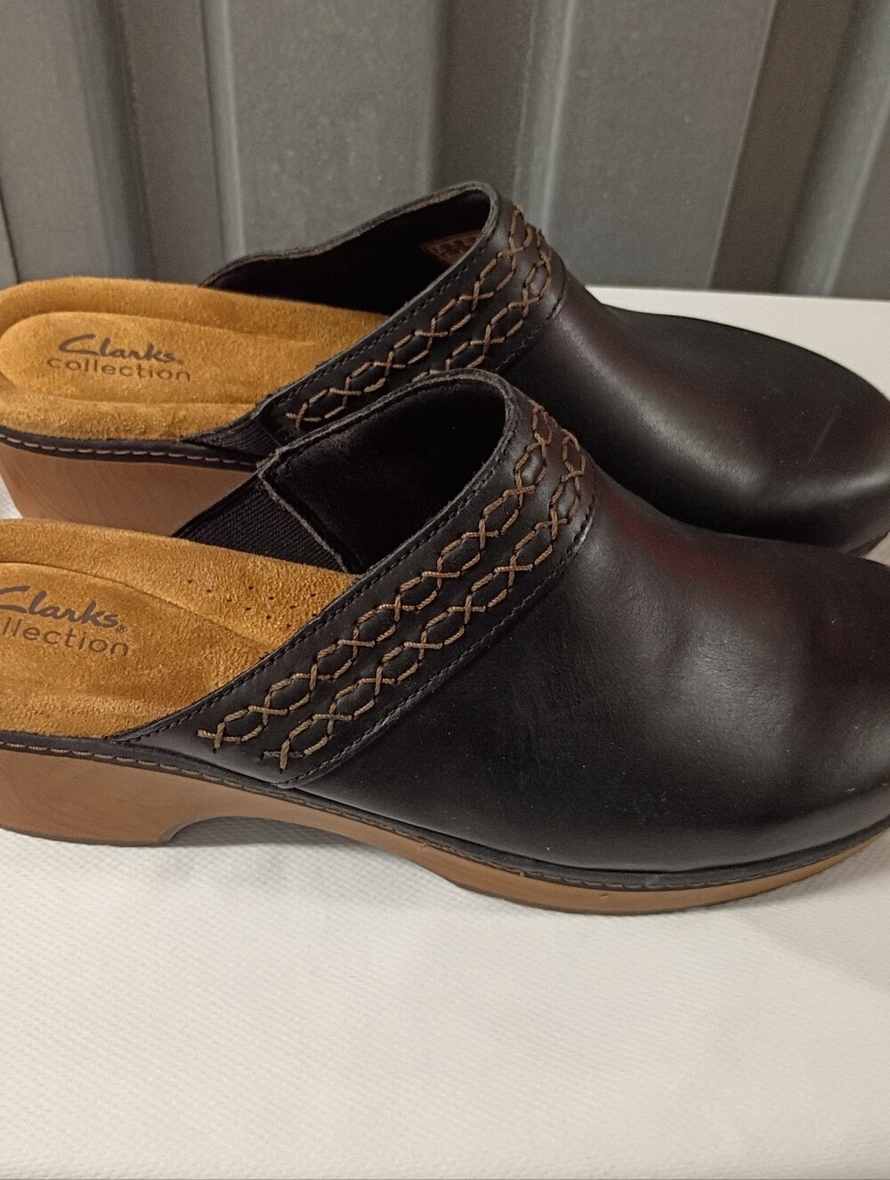 Clarks Brown Leather Slip-On Mules with Stitch Detail